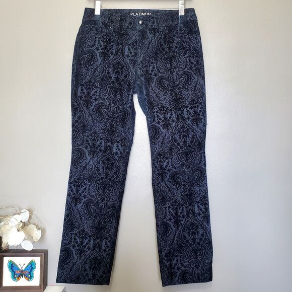 Chicos Platinum Velvet Flocked Jeans Womens Size 2 XS Blue Black Paisley Print - Picture 2 of 11